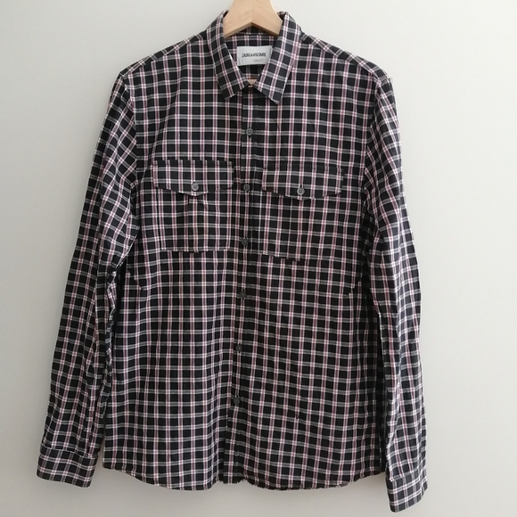 Zadig & Voltaire Men's Thibaut Button Up Red Black Plaid Chest Pockets Large - Picture 2 of 16
